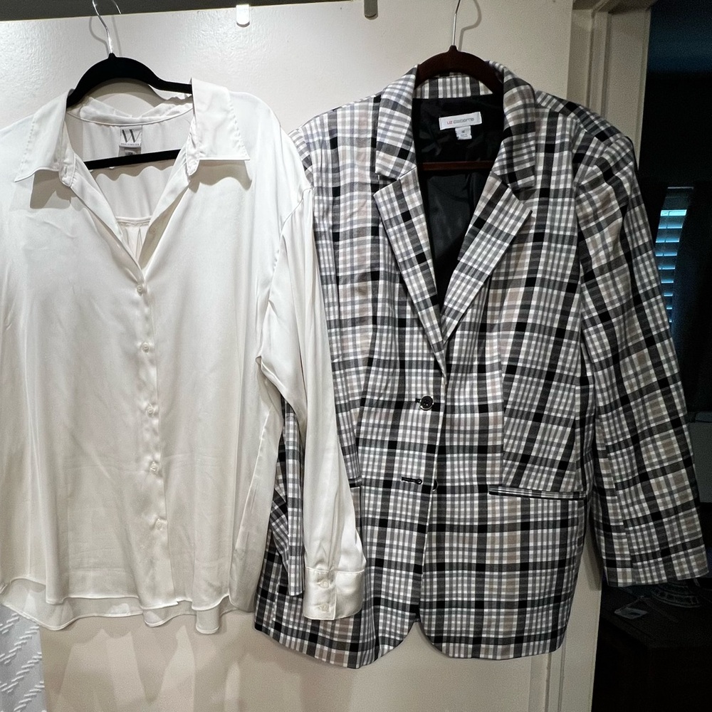 Cream Satin Button-Up Shirt and Plaid Blazer